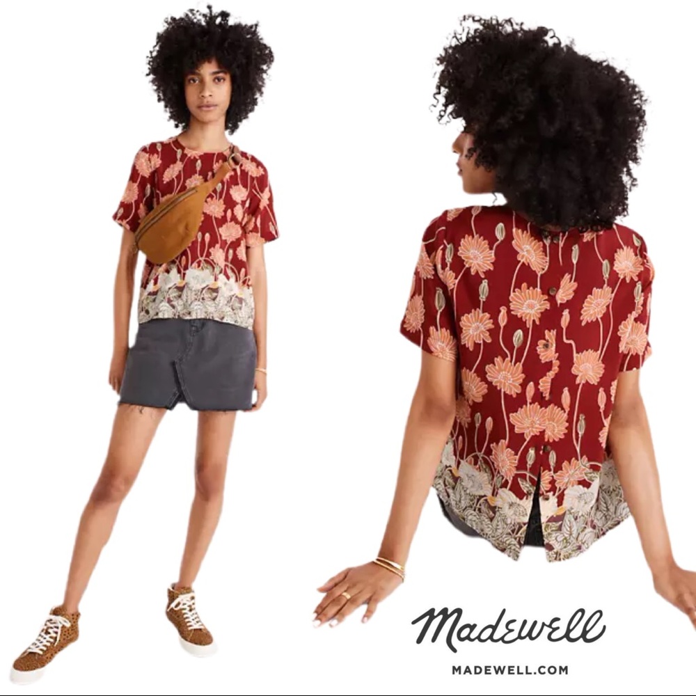 NEW Madewell Silk Button-Back Top Tall Sunflowers